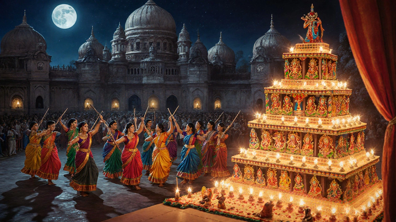 Group dancing in colorful traditional clothes during Navaratri Garba under moonlit temple lights.