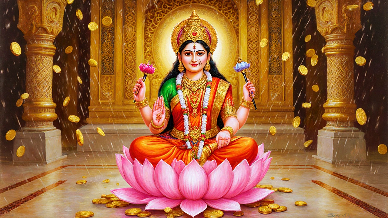 Lakshmi seated on a lotus, showered in golden coins, radiating divine grace in a sacred temple setting.