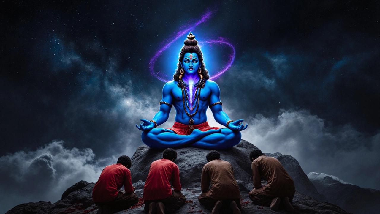 Lord Shiva with blue throat meditating on Mount Kailash, cosmic energy swirling around him as devotees bow below.
