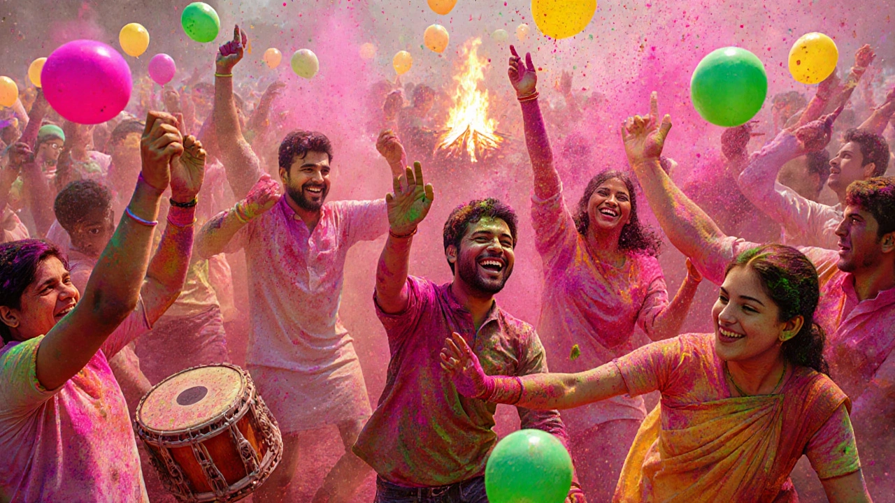People celebrating Holi by throwing colorful powder and dancing together in a joyful street festival.
