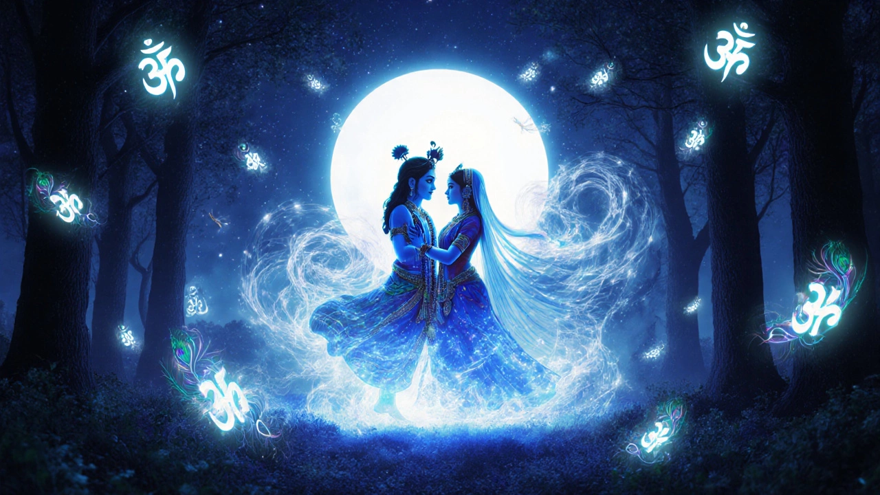 Radha and Krishna united in cosmic light, surrounded by peacock feathers and glowing Sanskrit symbols.