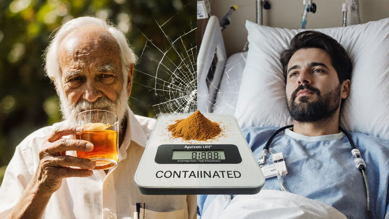 Split image: healthy man drinking turmeric tea vs. same man hospitalized with toxic metals seeping into his blood.