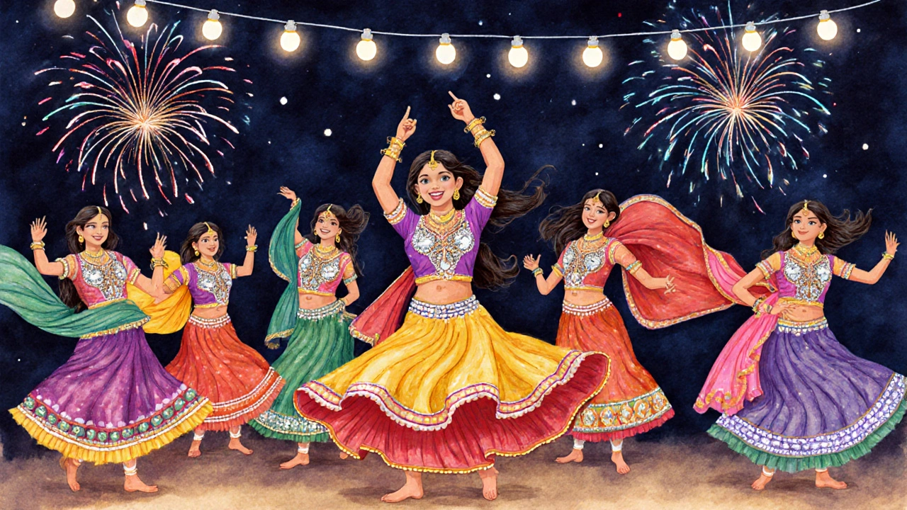 Teenage girls dancing in colorful chaniya cholis with mirror work during a Navratri festival at night.