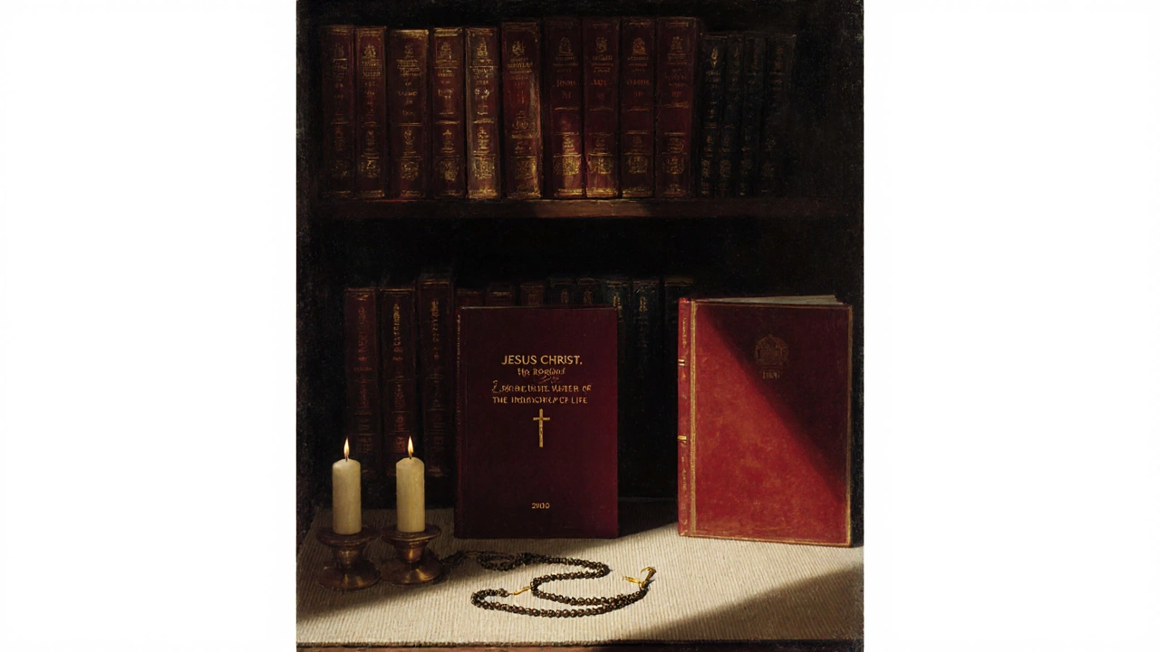 Vatican document next to a yoga mat and rosary in a candlelit library.