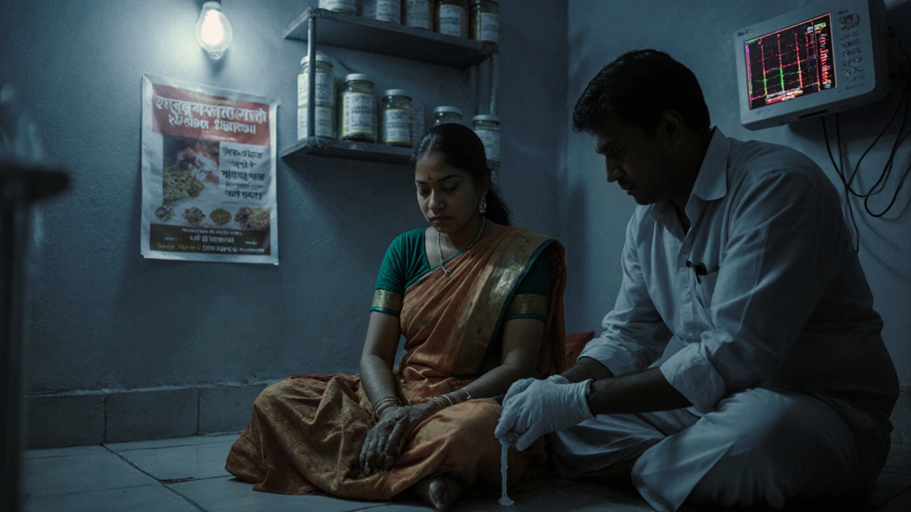 Woman undergoing unsterilized panchakarma enema in a dim clinic, with unlabeled herbal jars in the background.