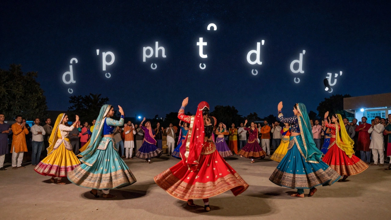 A garba dance circle under stars, with floating Gujarati phonetic symbols above spinning dancers, while a distant Hindi-speaking group watches.