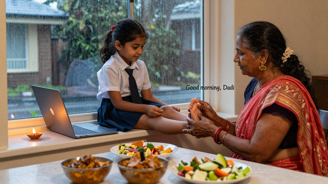 A girl in Brisbane touching her grandmother&#039;s feet in the morning, a diya glowing beside a laptop in a multicultural home.