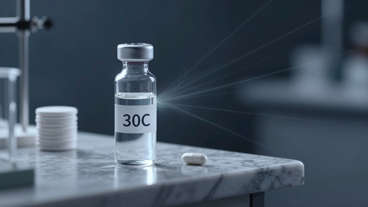 A glass vial of homeopathic remedy with glowing energy lines, beside a sugar pill on a marble surface.