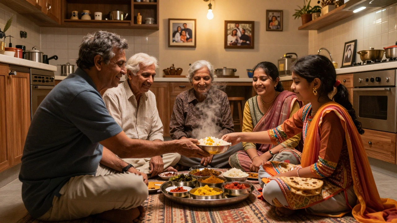 A multigenerational Indian family eating dinner together on the floor, elders being served first with steaming food.