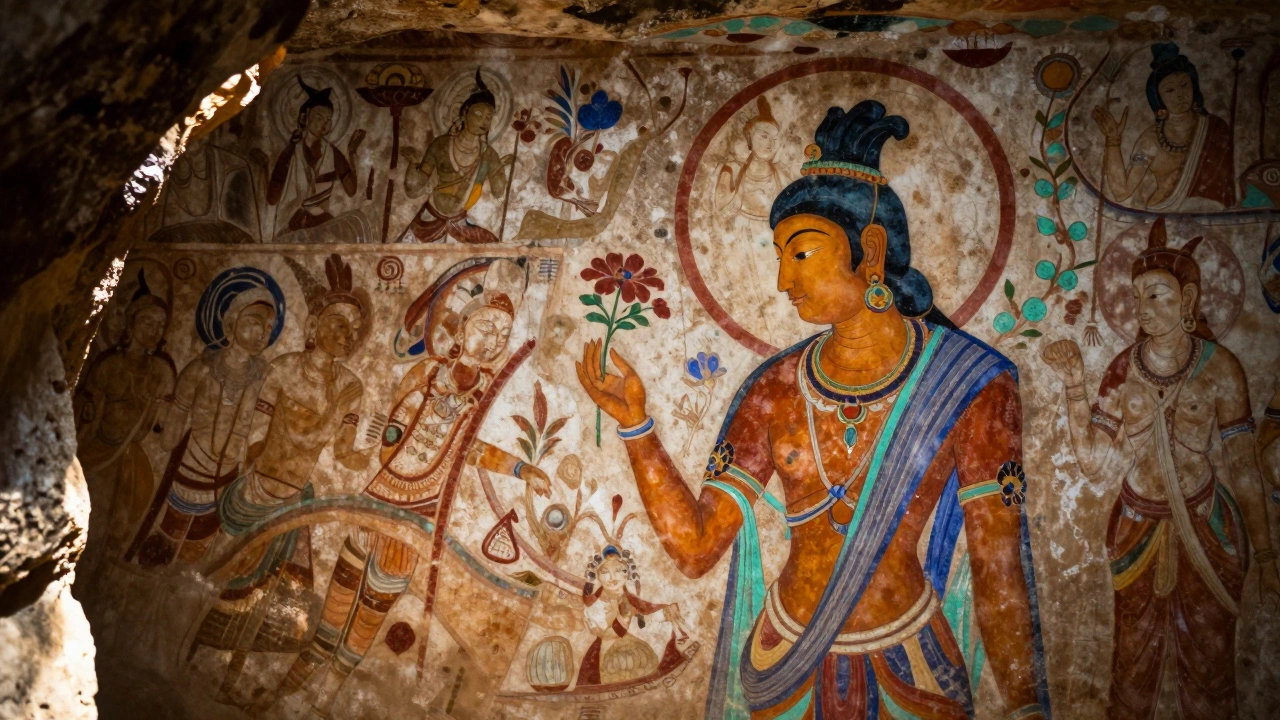 Ajanta Cave mural of a princess receiving flowers, painted with ancient mineral pigments.
