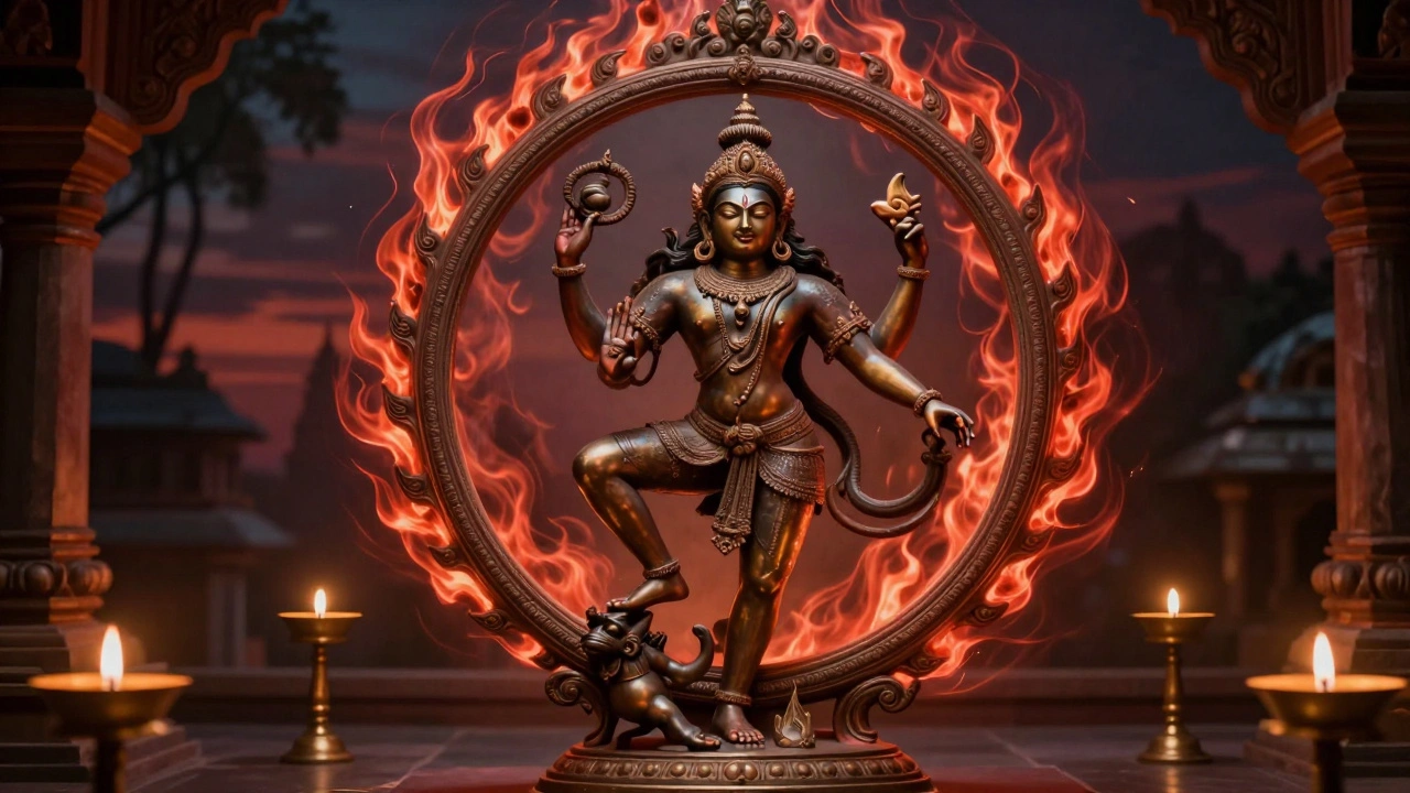 Chola bronze Nataraja Shiva dancing in a ring of fire with oil lamps glowing.
