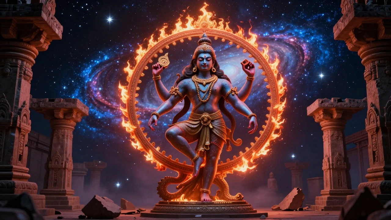 Cosmic dance of Shiva Nataraja with flames and galaxies, symbolizing creation and destruction.