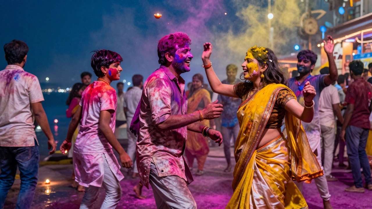 Crowds celebrating Holi with vibrant colored powders, dancing under floating oil lamps in Varanasi.