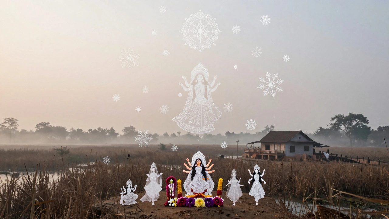 Delicate white sholapith flowers floating above a quiet Bengali wetland village.