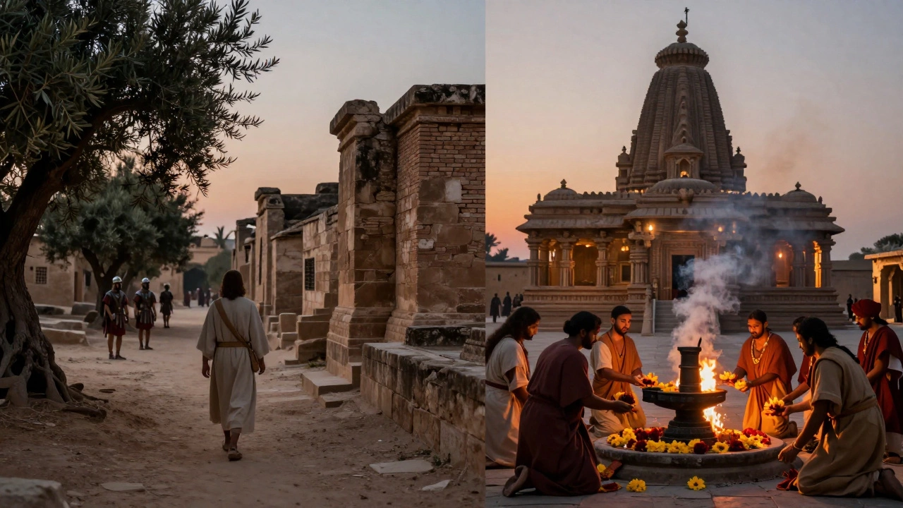 Dual scene: Jesus walking in Judea on one side, Hindu devotees at temple on the other.