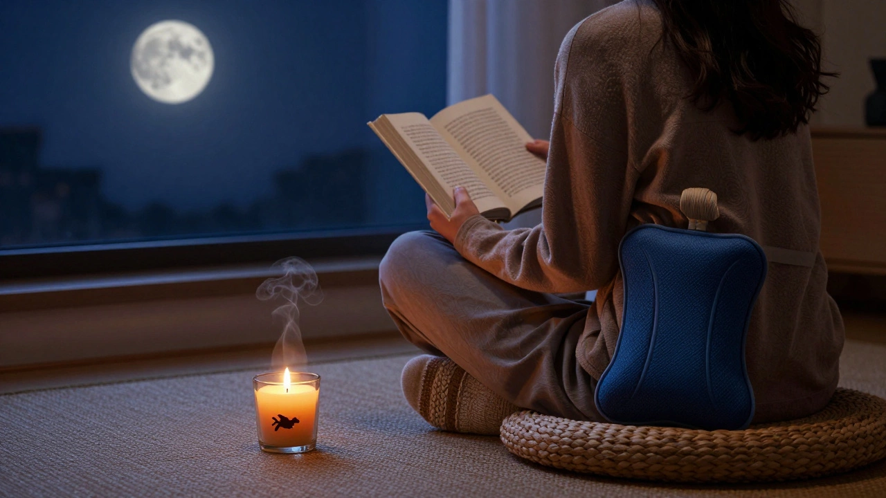 Evening relaxation with candlelight, book, and heating pad, embodying calm and grounding.