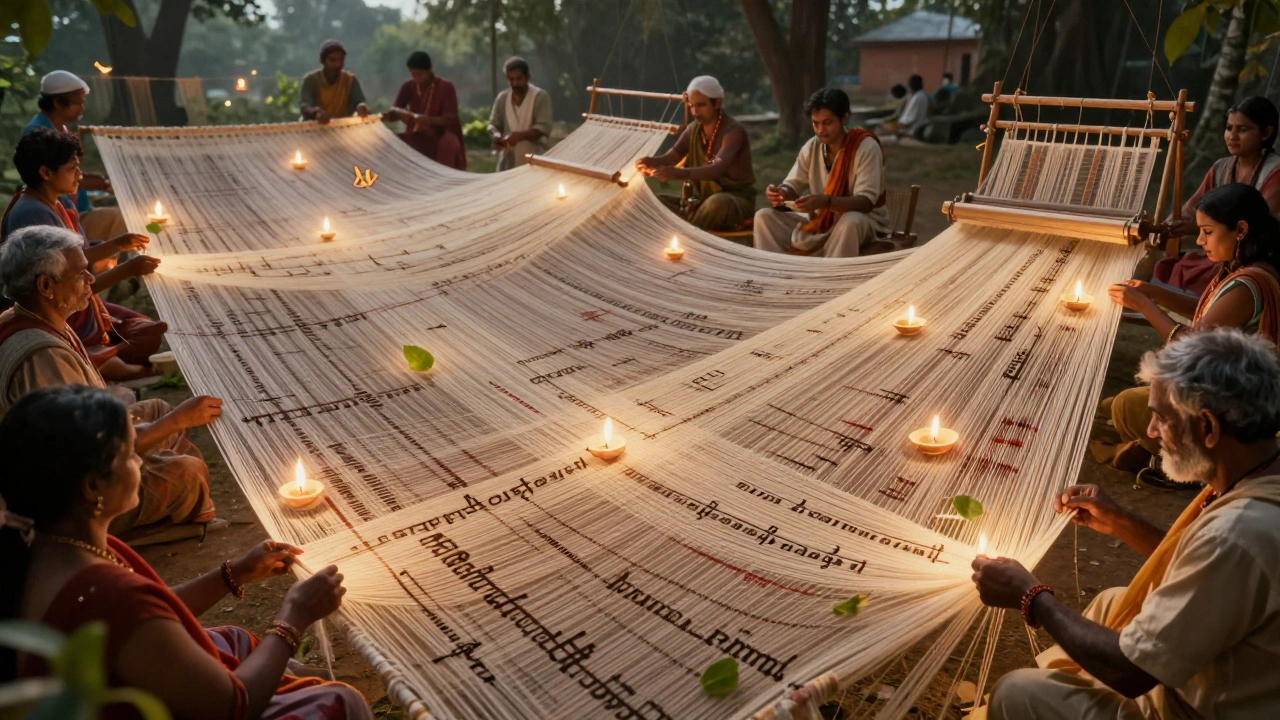 Glowing tapestry of India&#039;s living heritage with hands weaving languages, foods, and rituals.