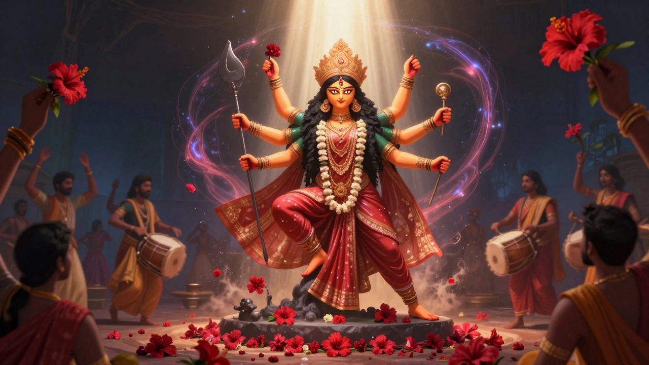 Goddess Durga in battle with demon Mahishasura during Sandhi Puja, surrounded by devotees offering red flowers.