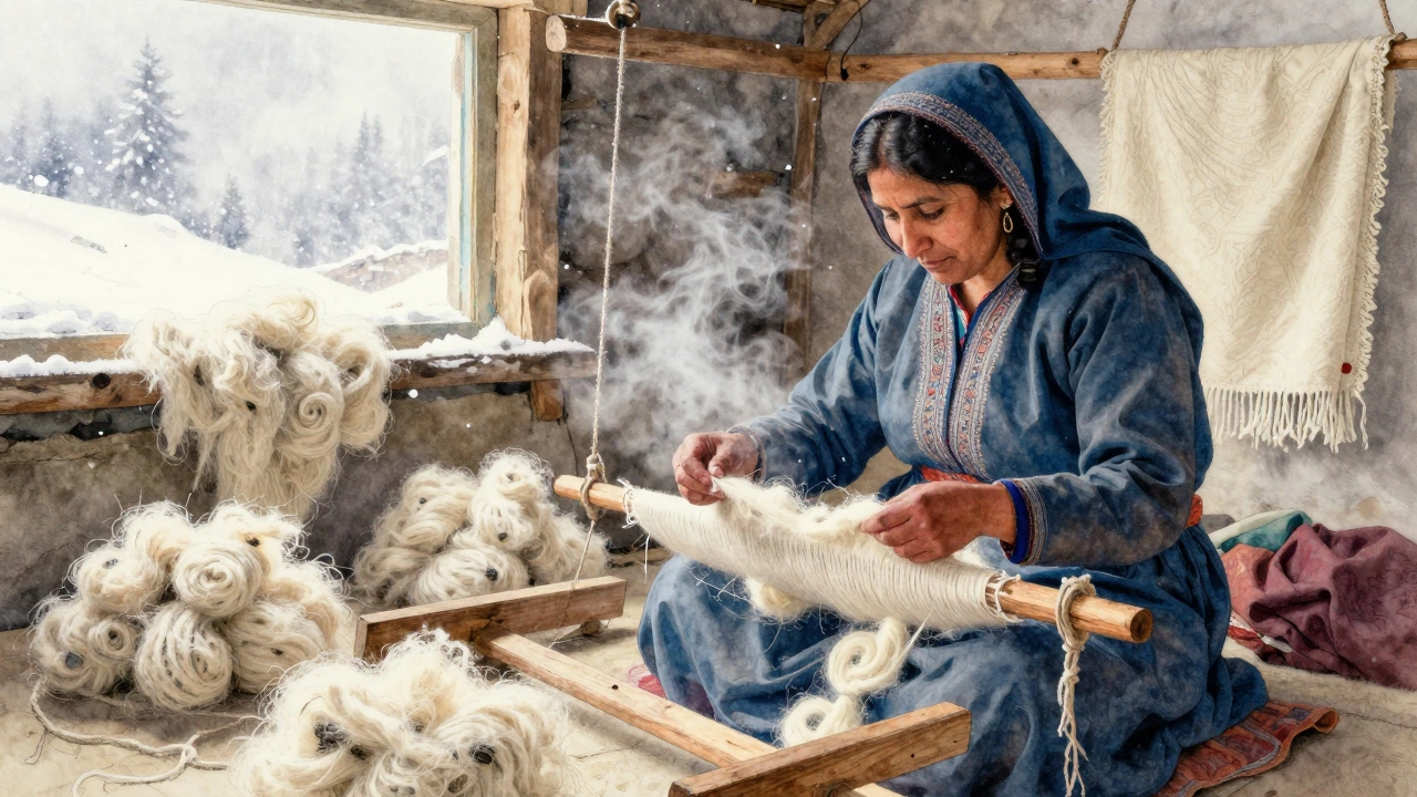 Kashmiri artisan spinning Pashmina wool in a cold hut, breath visible in the air.
