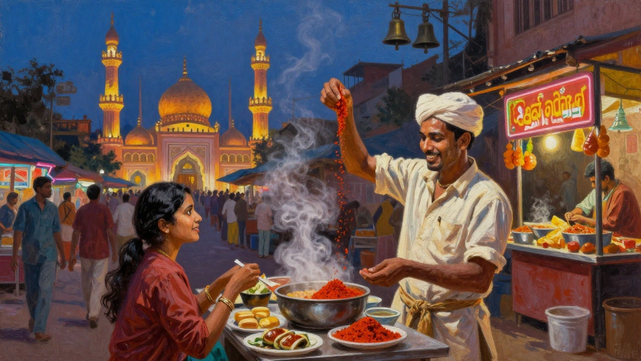 Mumbai street vendor adding chili to chaat as temple bells and mosque calls blend in dusk light.