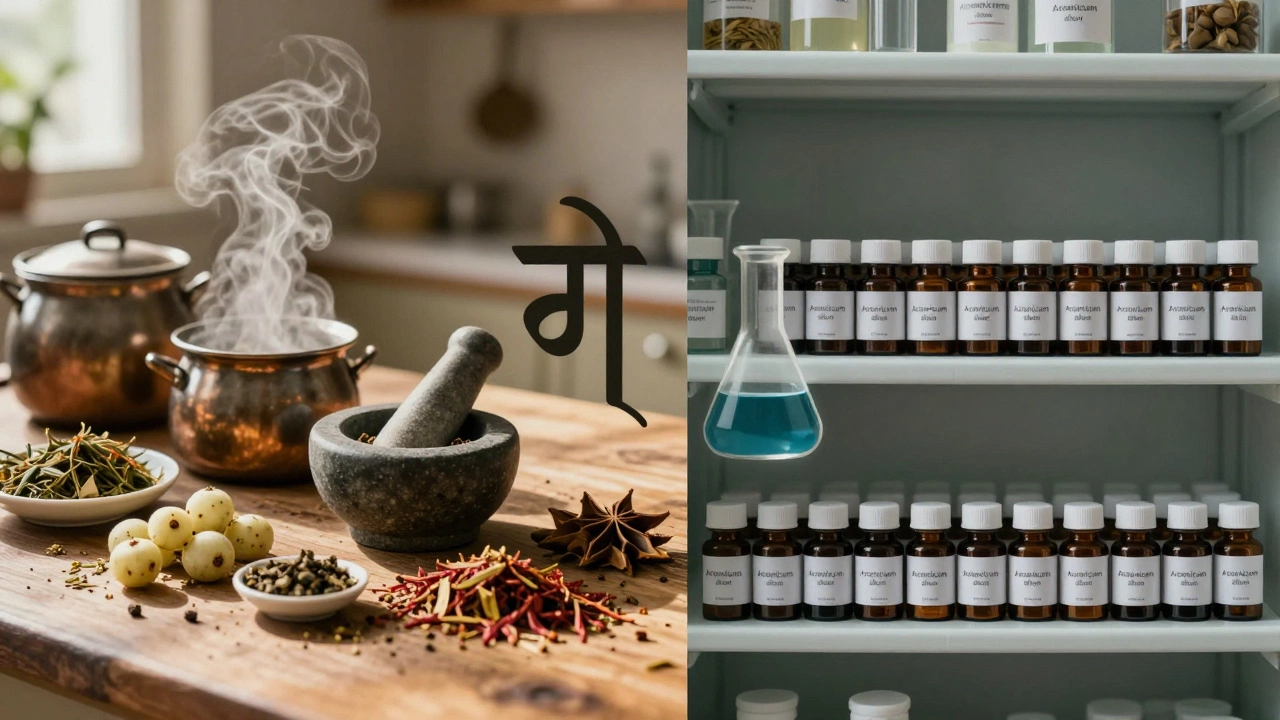Split image: left shows Ayurvedic herbs being prepared, right shows identical homeopathic vials in sterile lighting.