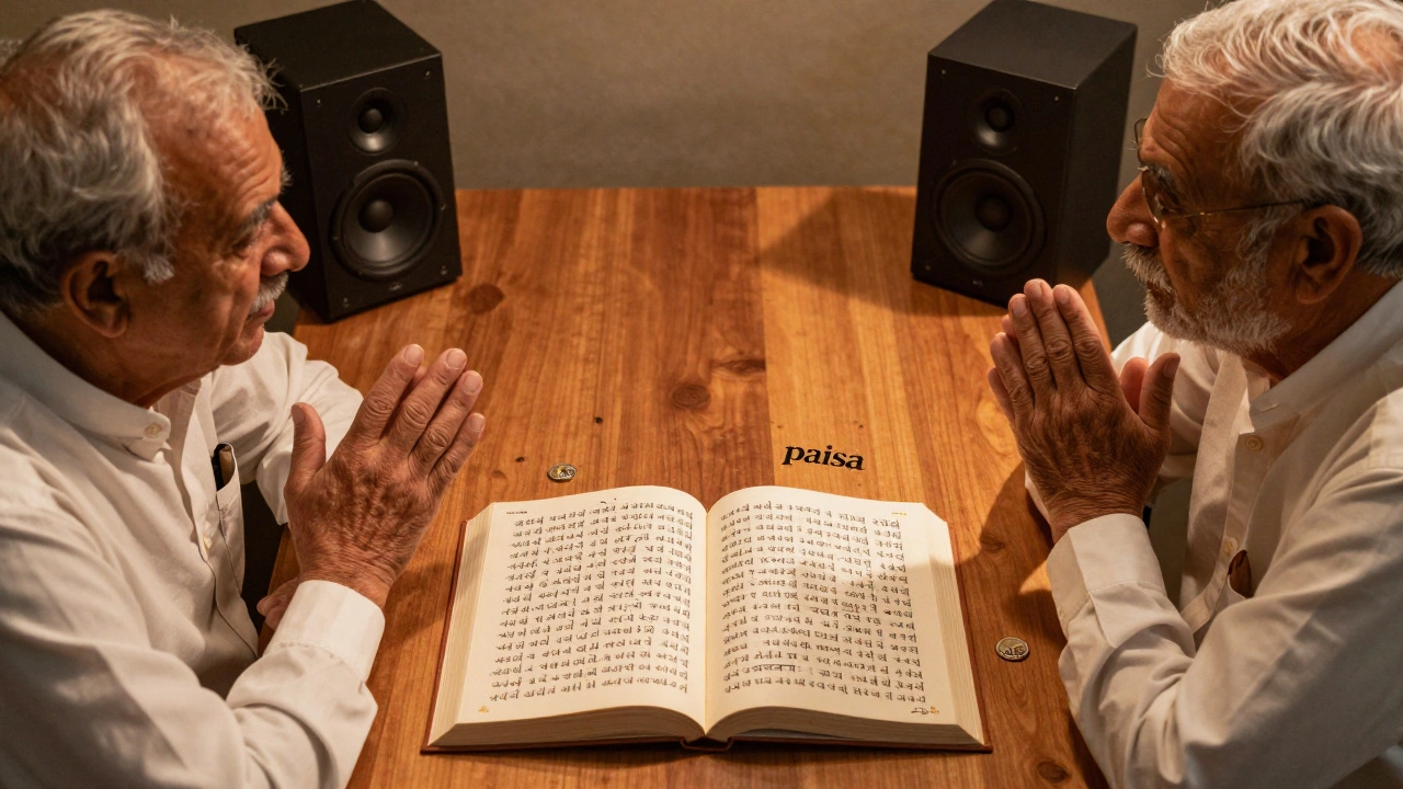 Two elders speaking Gujarati and Hindi at a table, with script differences visible on an open book, a coin labeled &#039;paiso&#039; and &#039;paisa&#039; between them.