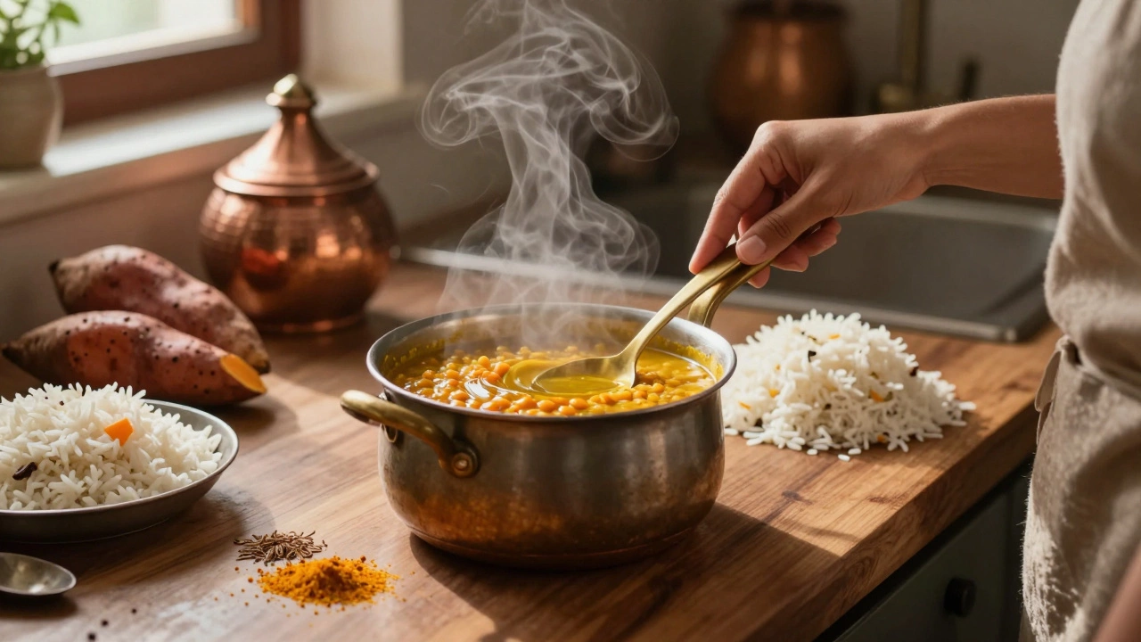 Warm Ayurvedic meal being prepared with lentils, ghee, and spices in a cozy kitchen.