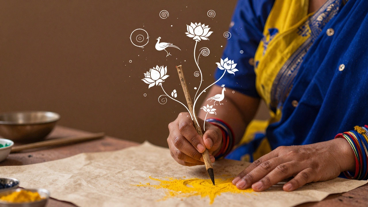 Woman painting Madhubani art with natural pigments, symbols floating around her hands.