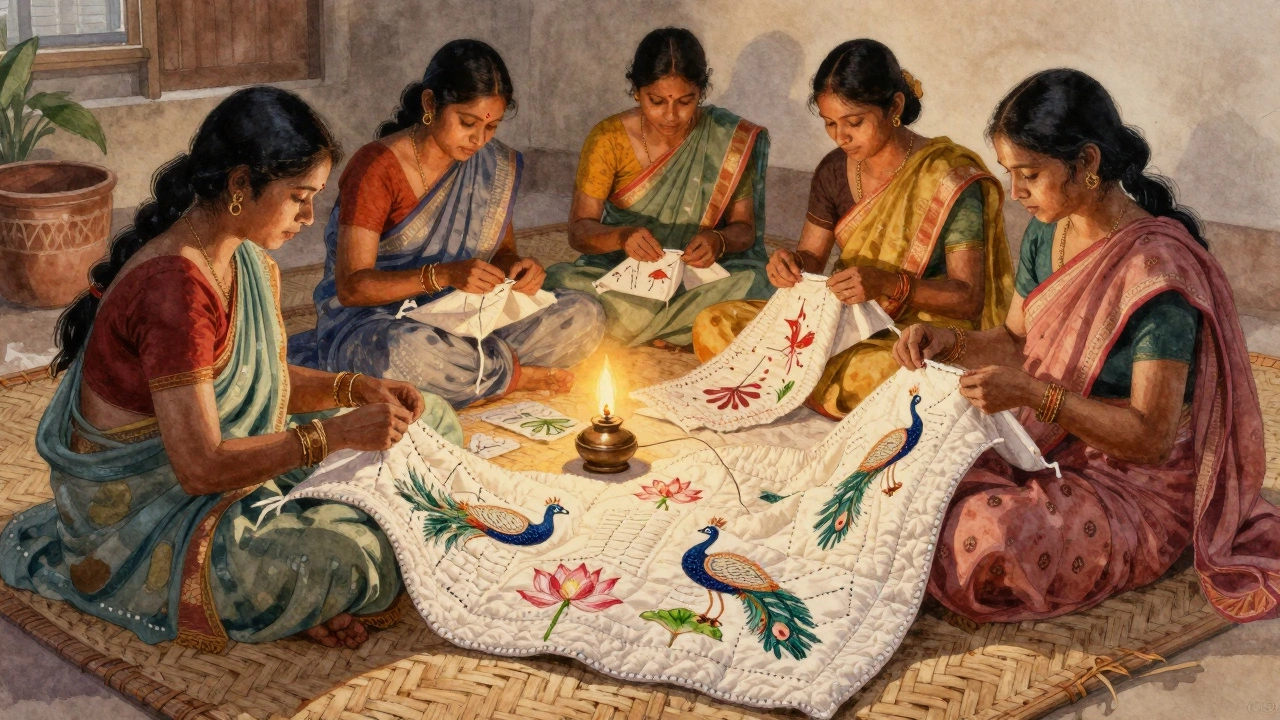 Women stitching a Kantha quilt by candlelight using recycled fabric.