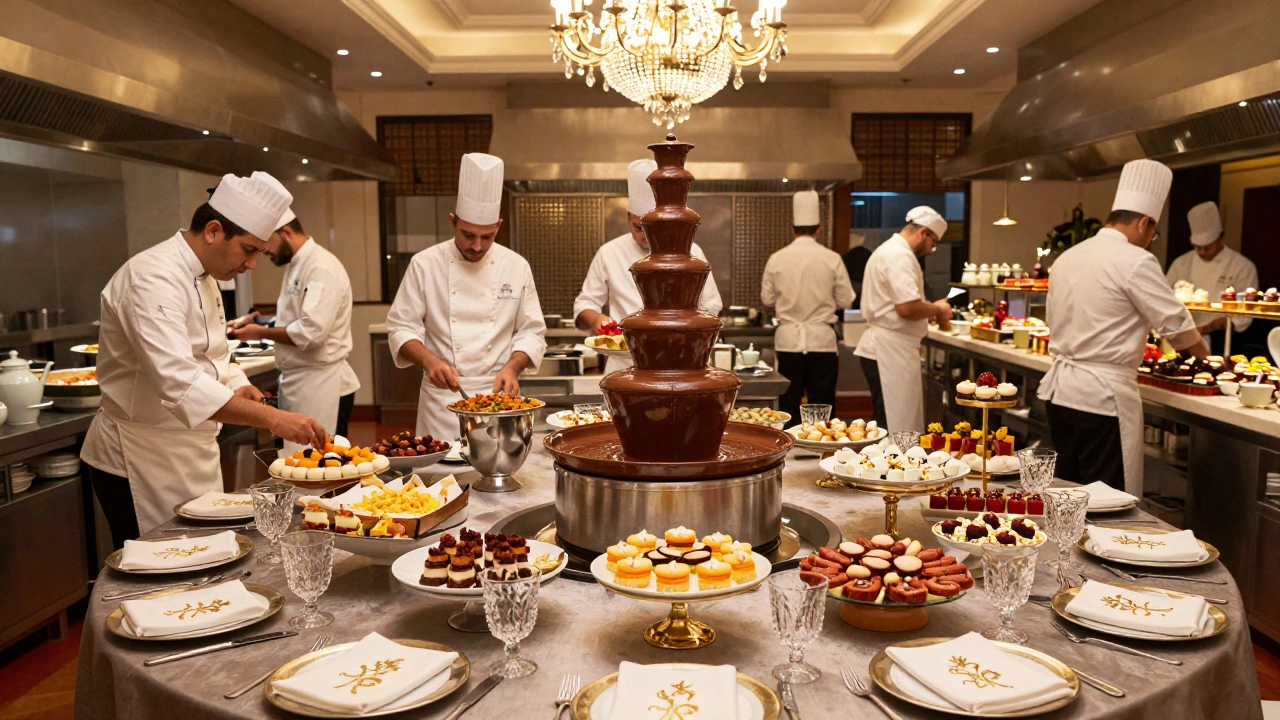A grand wedding feast with chocolate fountains, 1,000 sweets, and global cuisines served on gold-leaf napkins and crystalware.