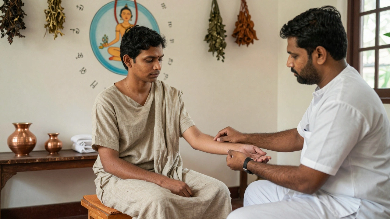Ayurvedic healer performing pulse diagnosis on a patient in a serene Kerala clinic.