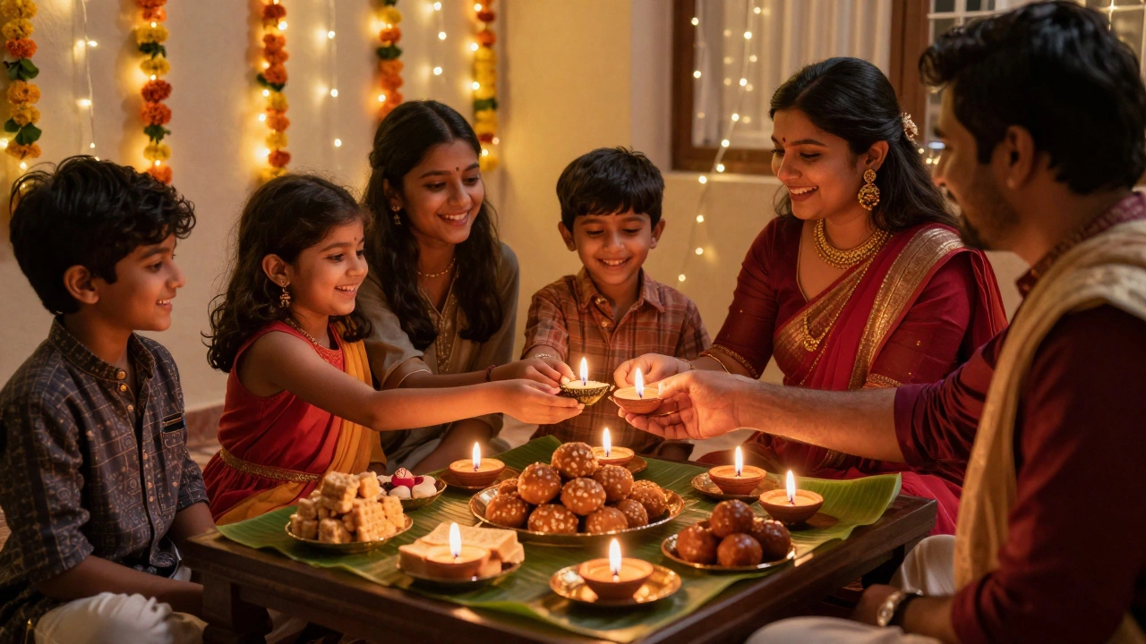 Family sharing Diwali sweets like chikki and laddoos under candlelight and string lights.