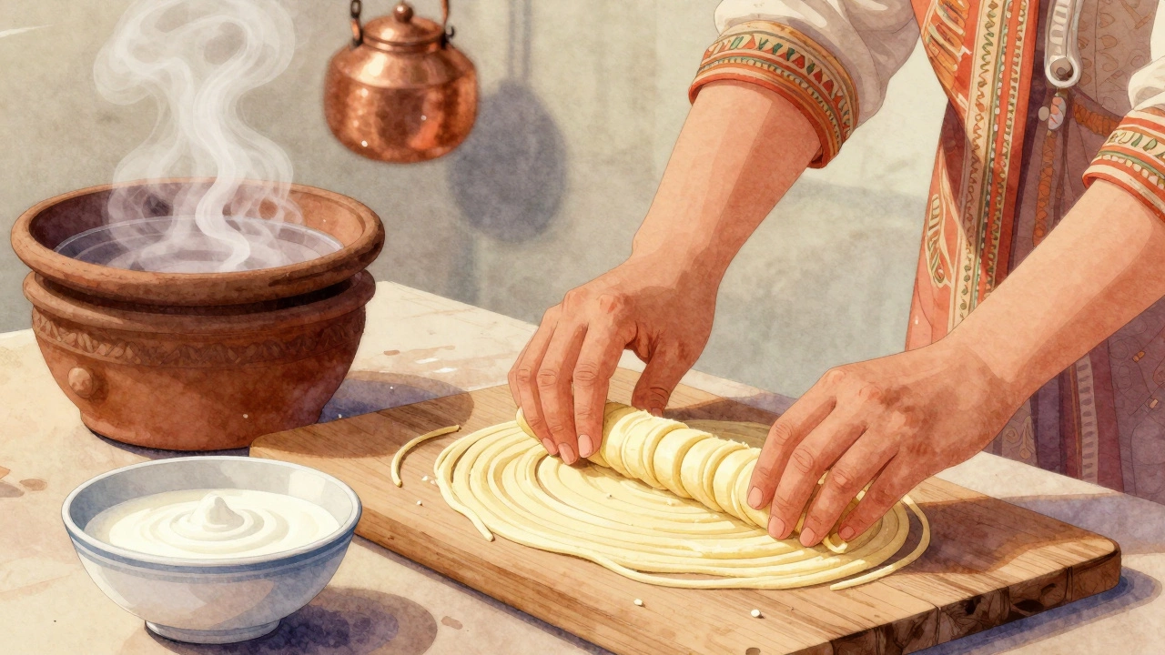 Hands rolling khandvi snacks on a wooden surface with steam rising from a clay steamer.