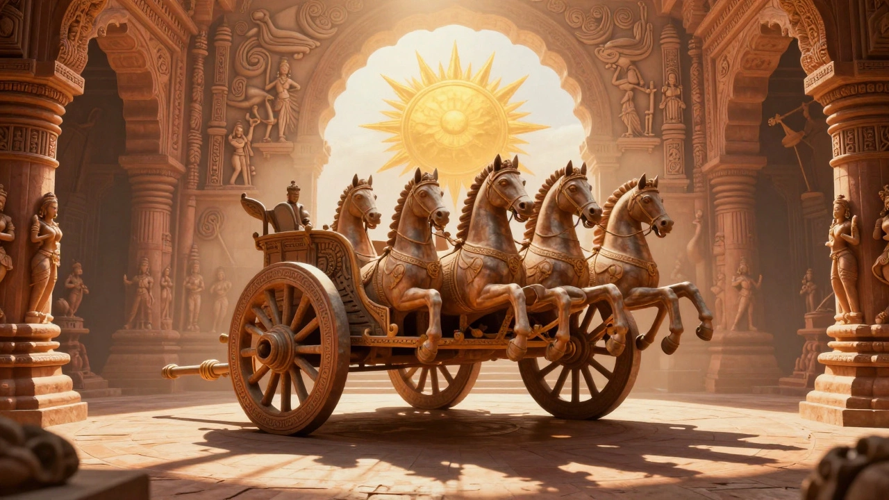 Konark Sun Temple shaped like a cosmic chariot with stone wheels, horses, and dancers carved into its walls under sunlight.