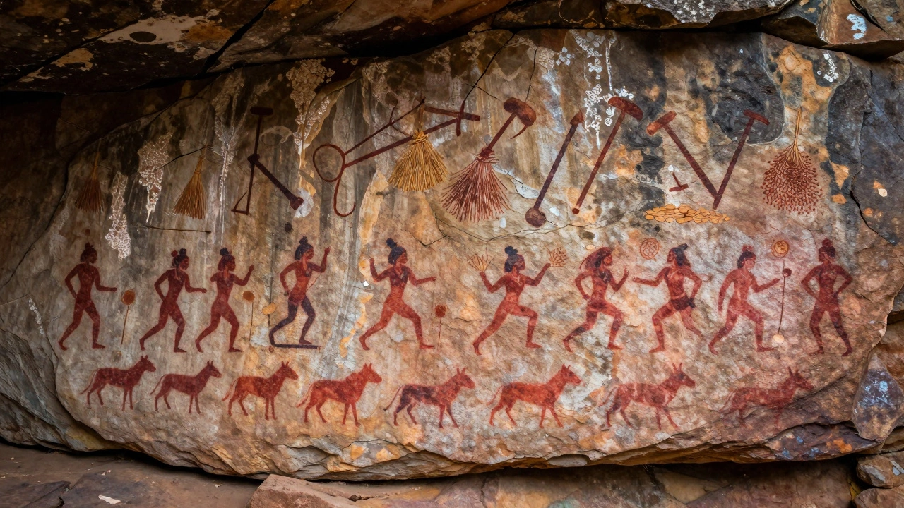 Layered rock art showing evolution from hunter-gatherer scenes to early farming symbols over thousands of years.