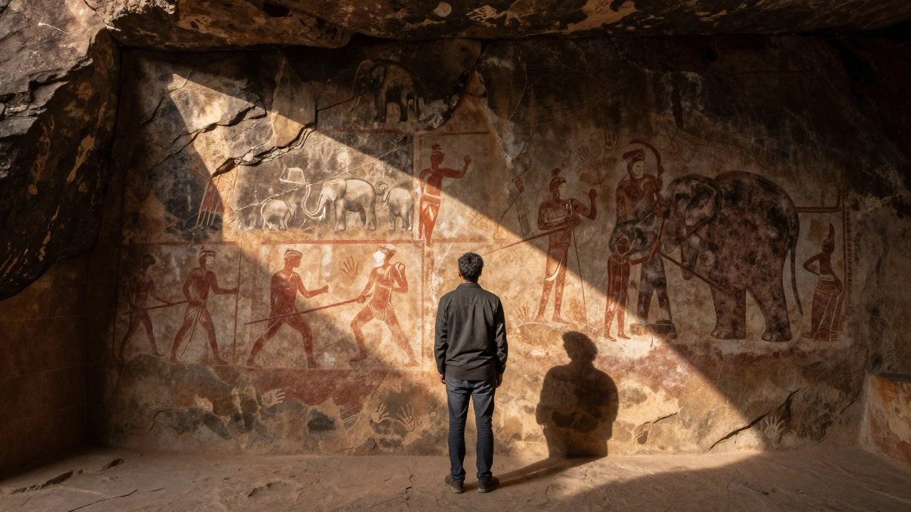 Modern visitor standing before ancient Bhimbetka paintings, their shadow merging with 30,000-year-old handprints.