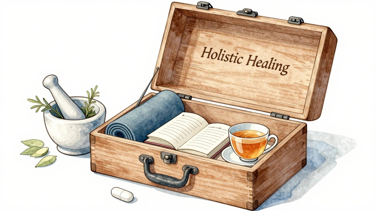 Open toolbox symbolizing holistic healing with herbs, yoga mat, tea, and a homeopathic pill.