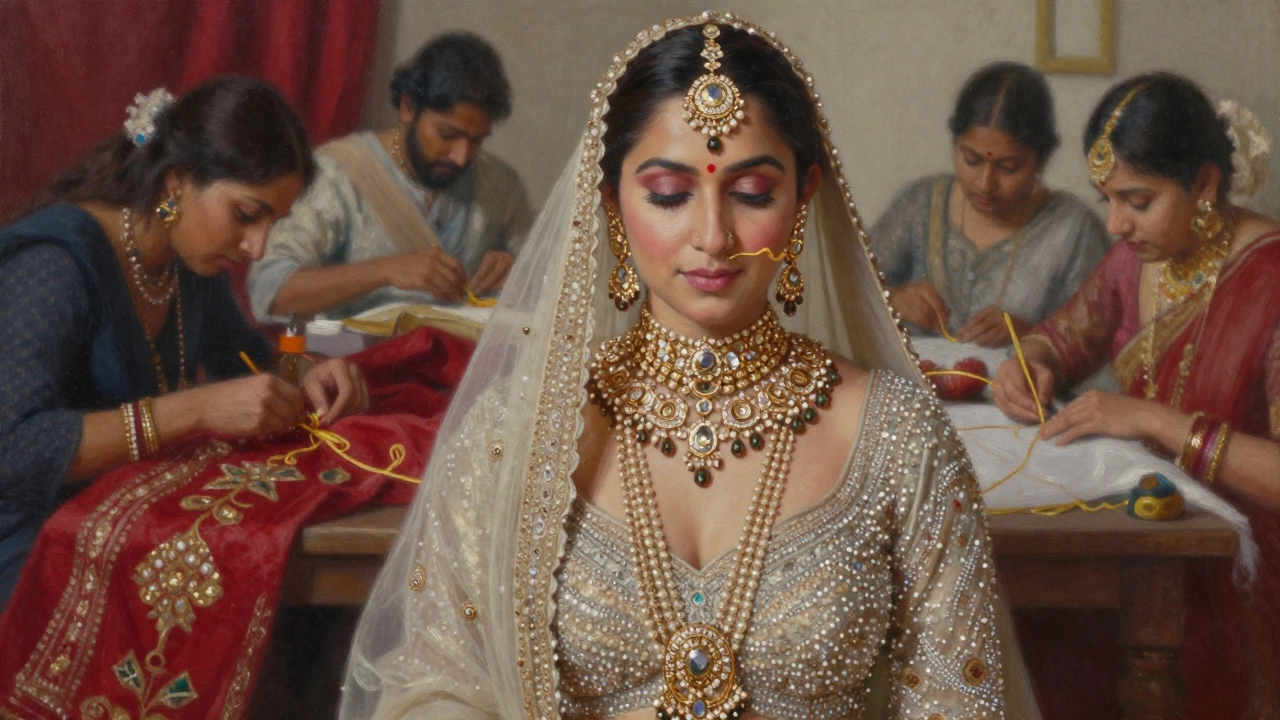 Radhika Merchant in a sparkling lehenga with 50,000 pearls and Swarovski crystals, wearing elaborate gold and diamond jewelry.