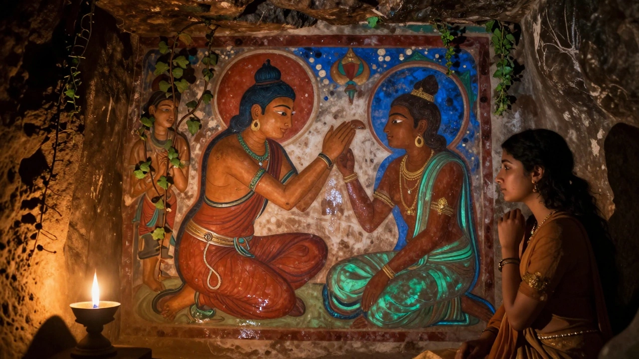 Vibrant mural in Ajanta Caves showing a prince giving his eyes to a beggar, painted with natural pigments on rock wall.