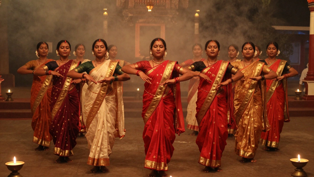 Women dancing in a circle around a temple lantern during a Kerala festival, singing with closed eyes.