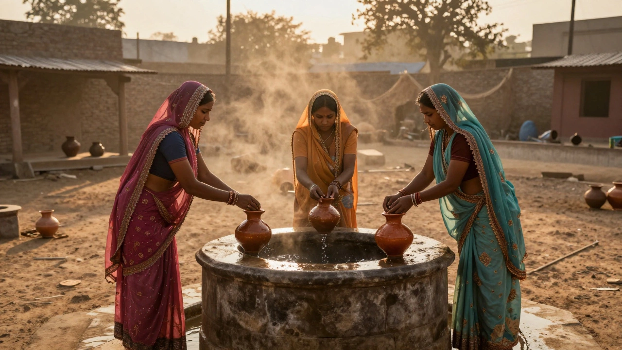 Women drawing water from a well in Rajasthan, humming traditional Panihari songs at sunrise.