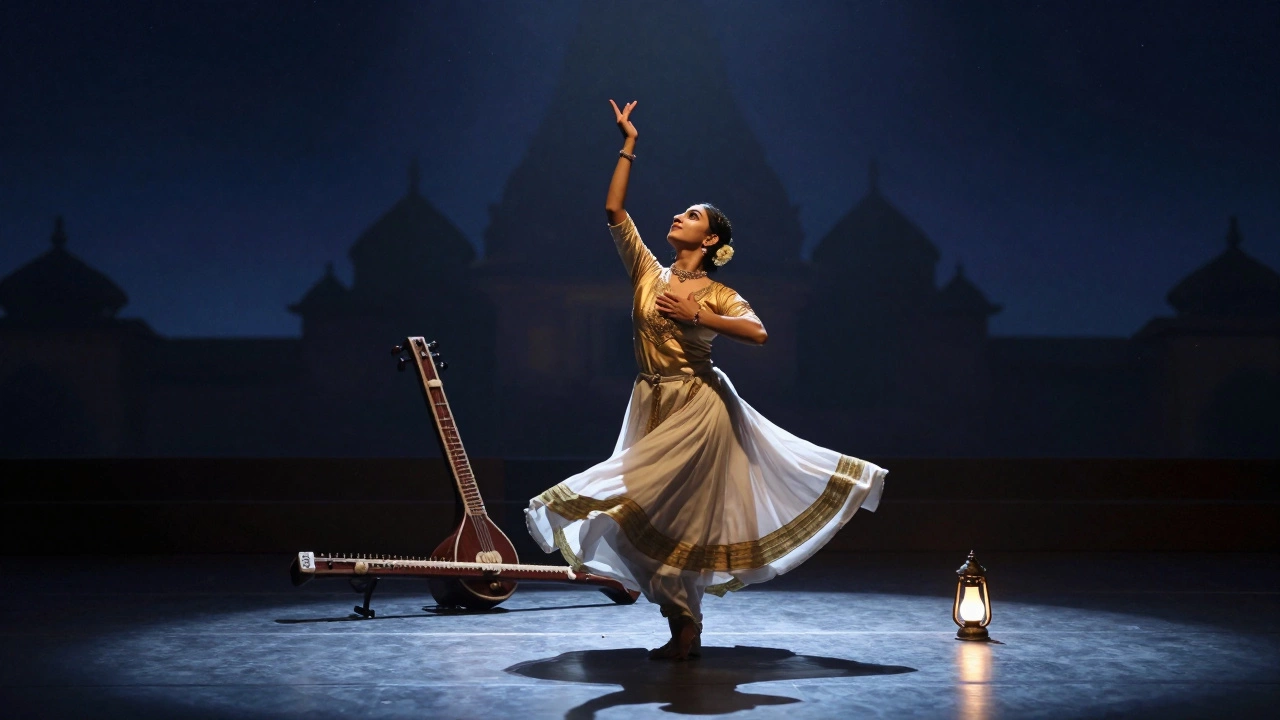 A Kathak dancer frozen in a meditative pose under moonlight after a performance.