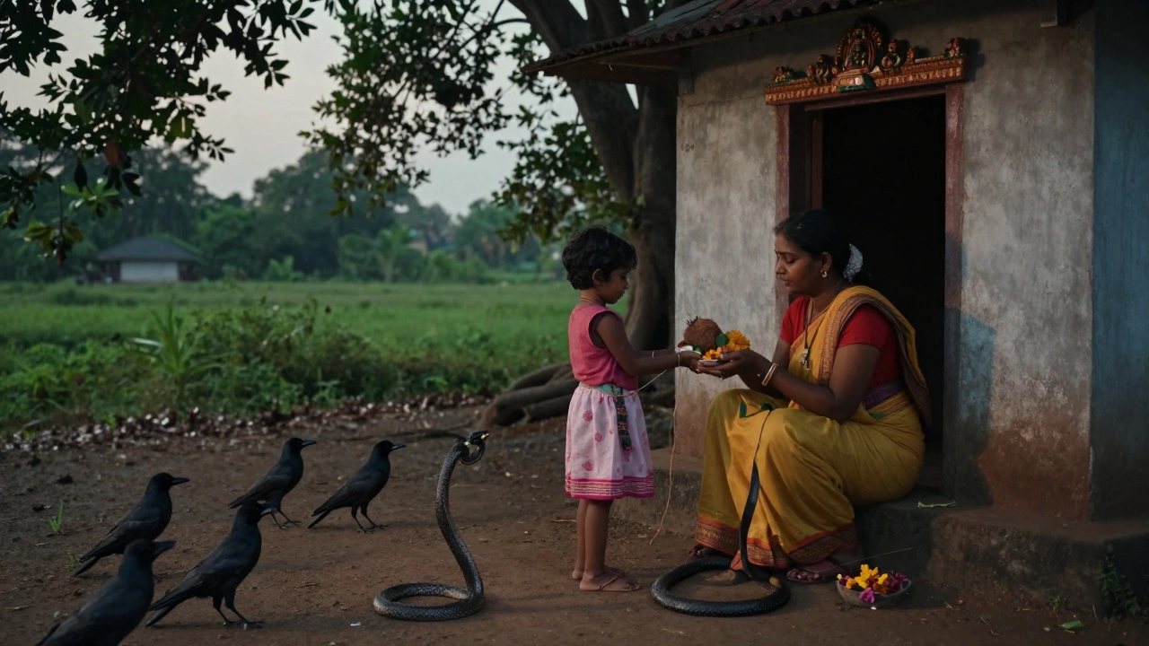 A mother ties a protective thread around her child’s wrist beside a village shrine with crows and a snake nearby at dusk.