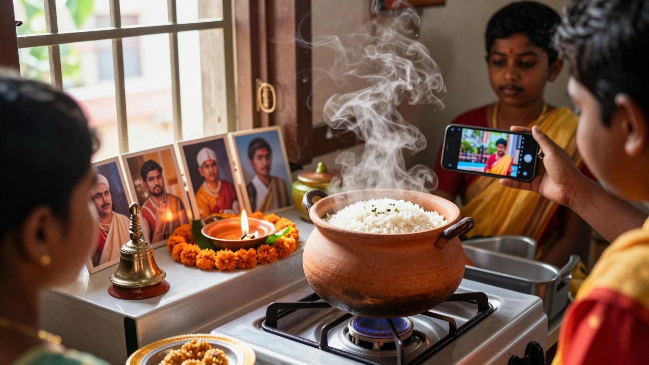 A Tamil family celebrates Thai Pongal at home with a steaming pot of rice, ancestral altar, and traditional chants playing on a smartphone.