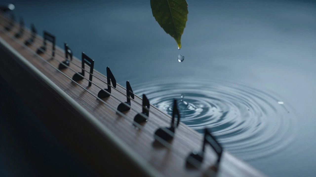 A veena's strings vibrating with sound ripples in water-like light, a single water droplet suspended mid-air.