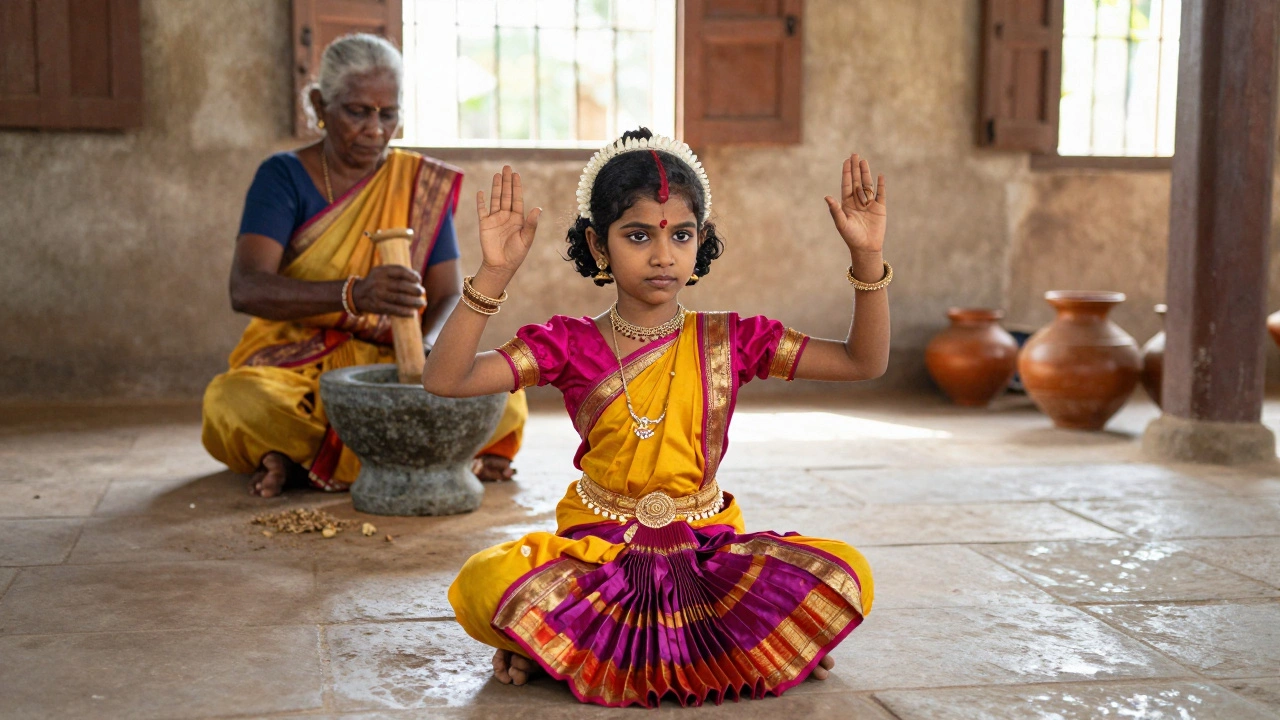 A young girl performing Bharatanatyam while an elder grinds spices in a Tamil village school.