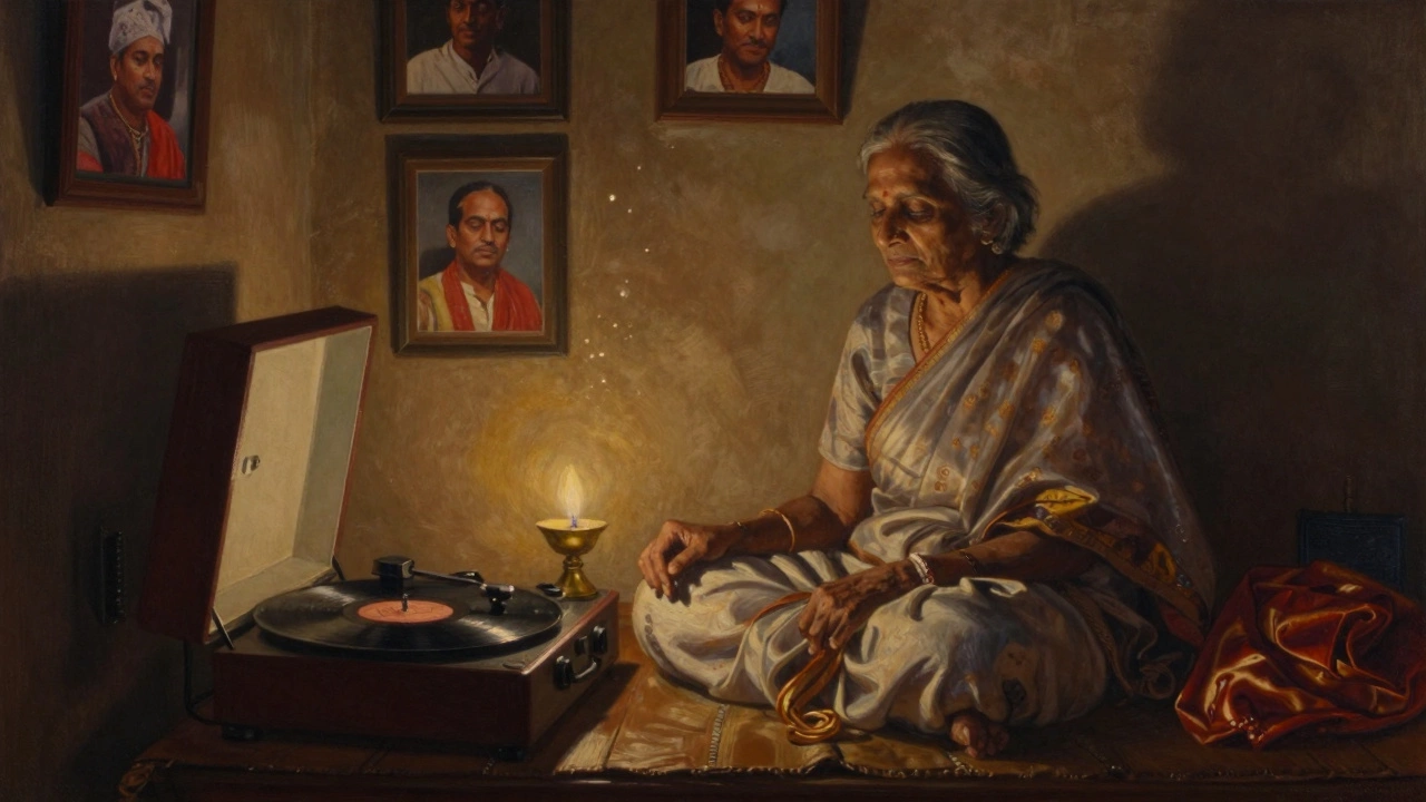 An elderly woman listening to Bhimsen Joshi's Raga Yaman on a vinyl record player in a Varanasi home.