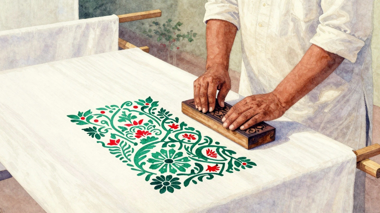 Block printing fabric with wooden blocks and natural dyes in Sanganer.