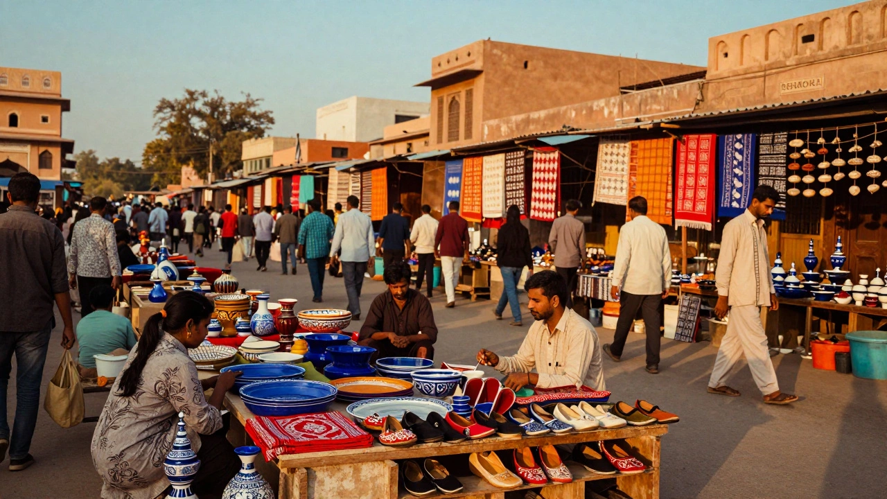 Bustling Jaipur market with handicrafts at sunset.
