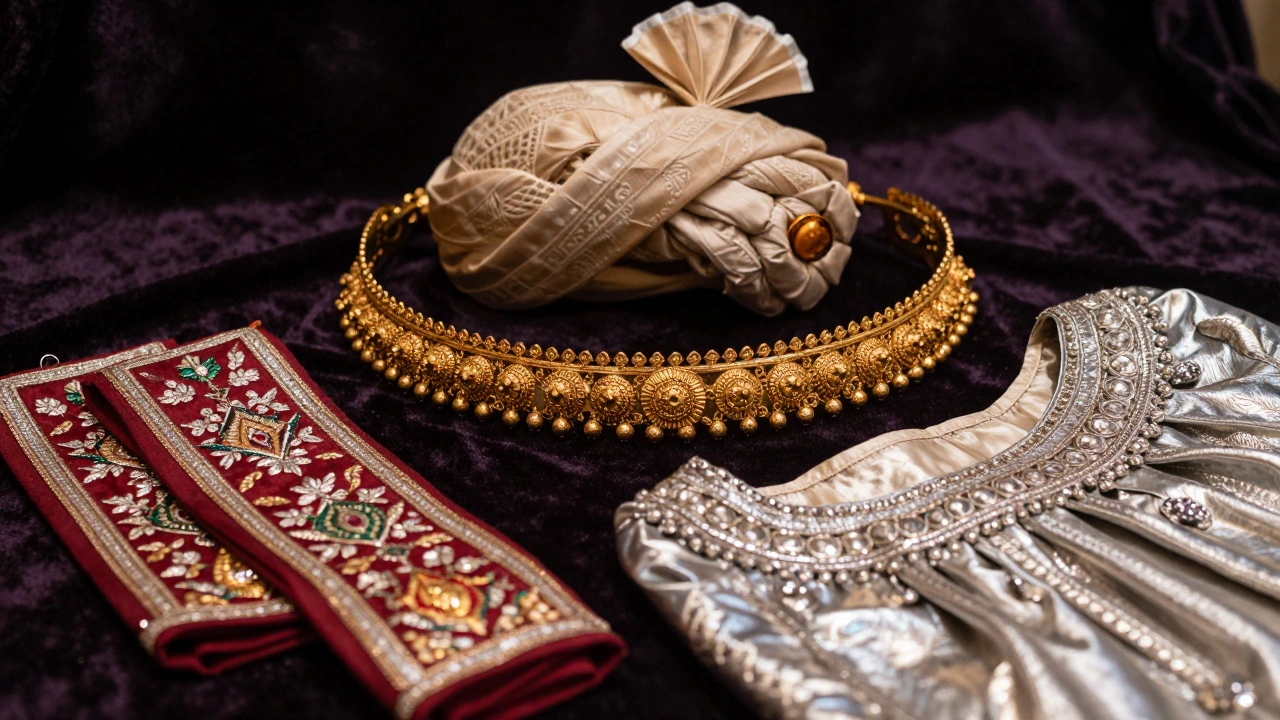 Close-up of traditional Indian formal accessories: waistband, embroidered shoes, and turban pin.